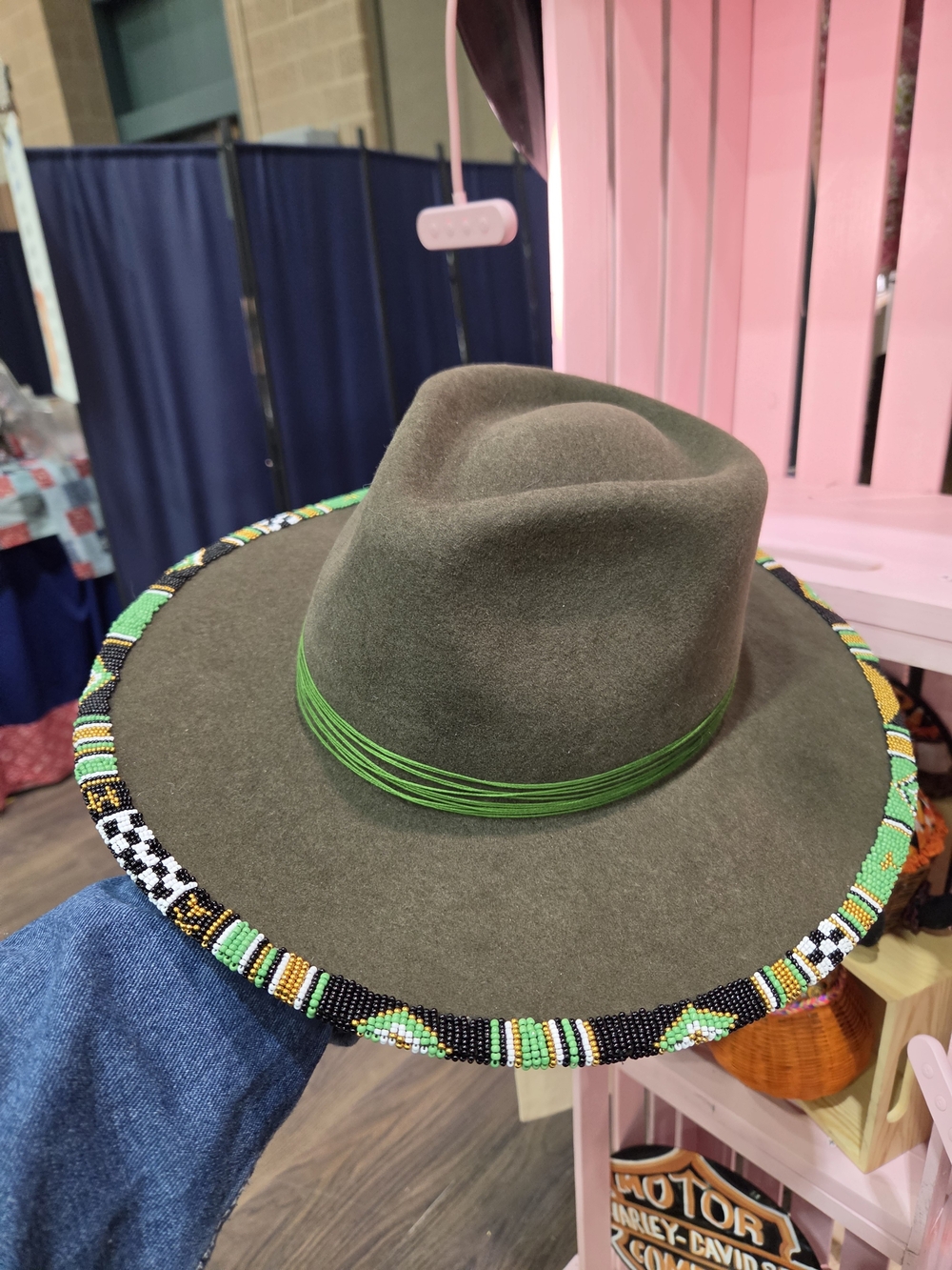 Handcrafted Olive Green Felt Fedora with Beaded Brim